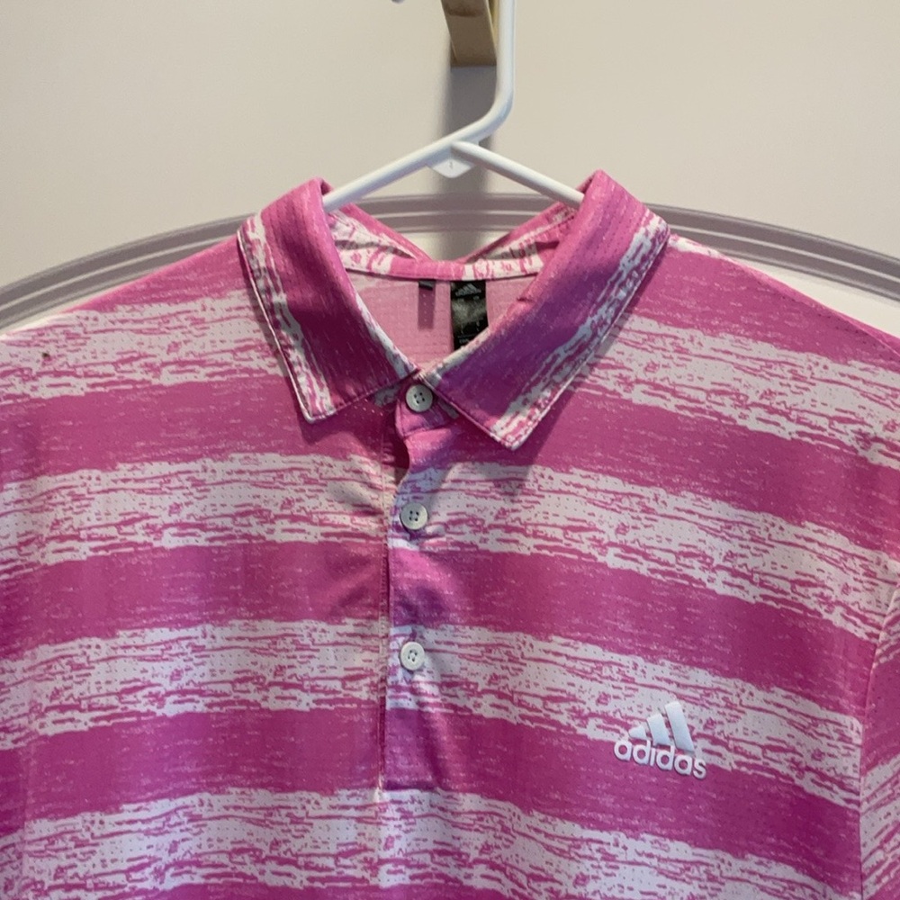 Adidas Pink and White Striped Polo